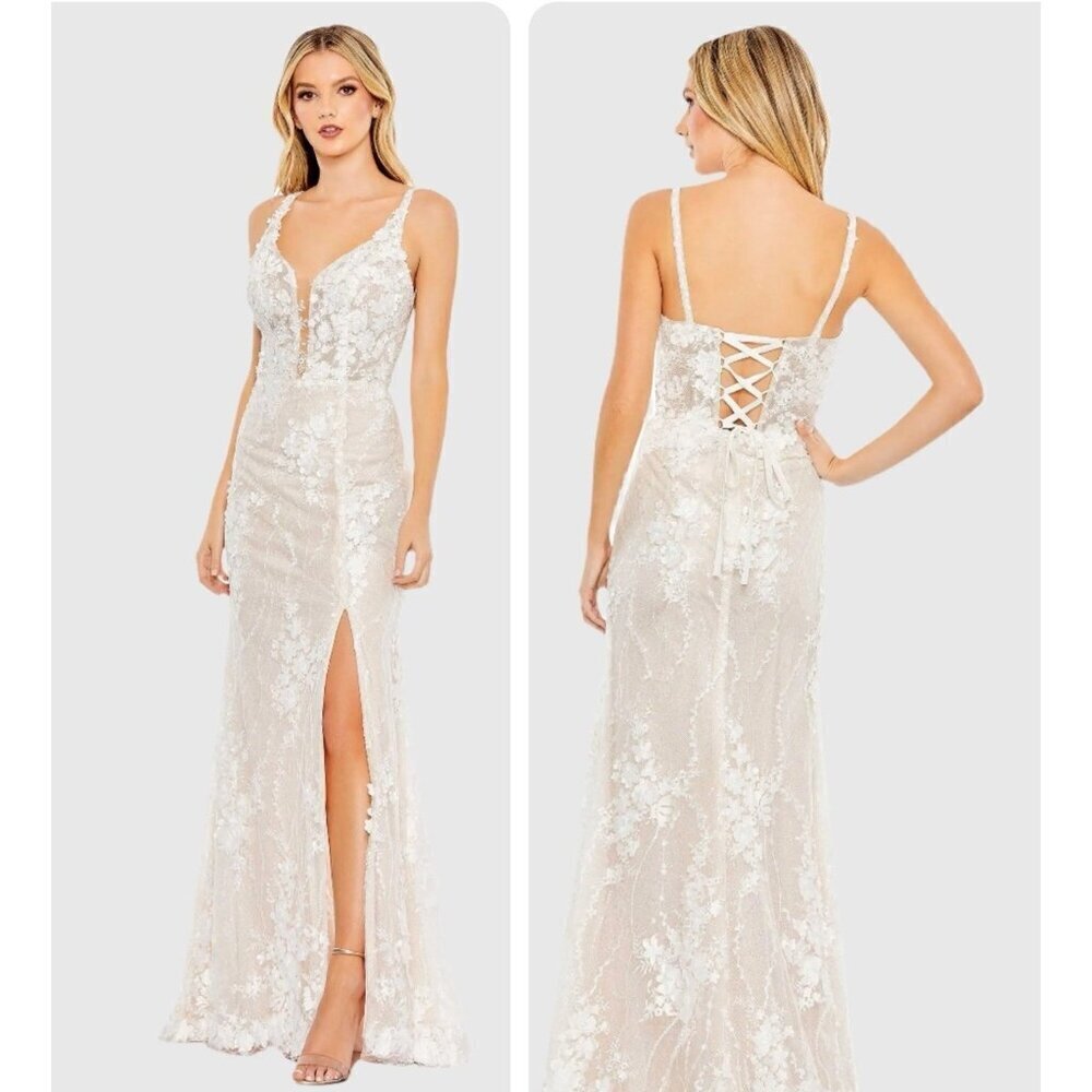 Mac Duggal Ivory 11331 Floral Applique Sleeveless Mermaid Formal Gown Dress $898